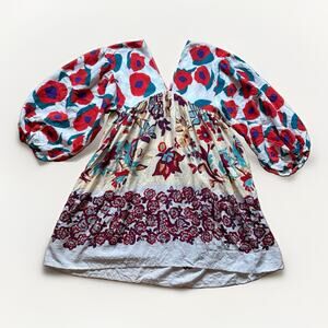 Bucket List Mini Dress Womens Small Multicolor Floral Trim V Neck Balloon Sleeve